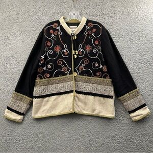 Coldwater Creek Jacket Linen Cotton Blend Embroidered Boho‎ Art Floral Crochet M